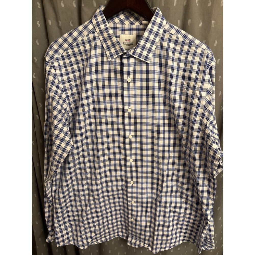 Ben Sherman Tailoring Mens 17 34-35 Blue White Plaid Tailored Skinny Fit Shirt